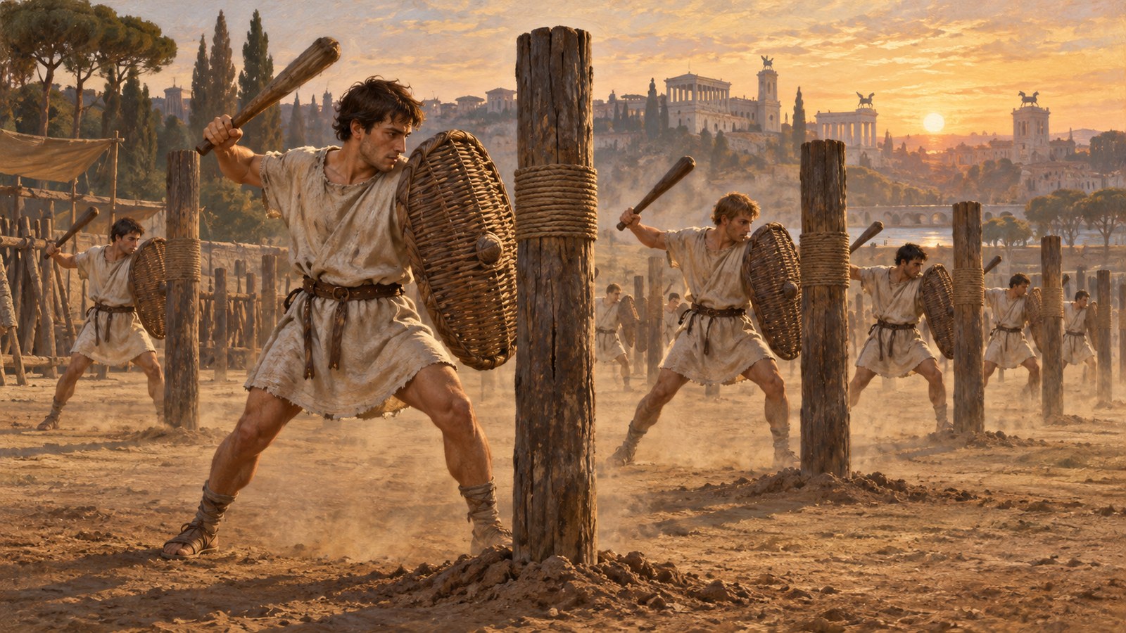 A vertical 4:5 cinematic realistic oil-painting of an ancient Roman recruit training against a plain six-foot wooden stake in a dusty drill field, holding a heavy round woven-wicker practice shield and thick wooden training club, instructor watching posture, historically plausible equipment, no battle, no text, lettering, numerals, logos, signatures or watermark.