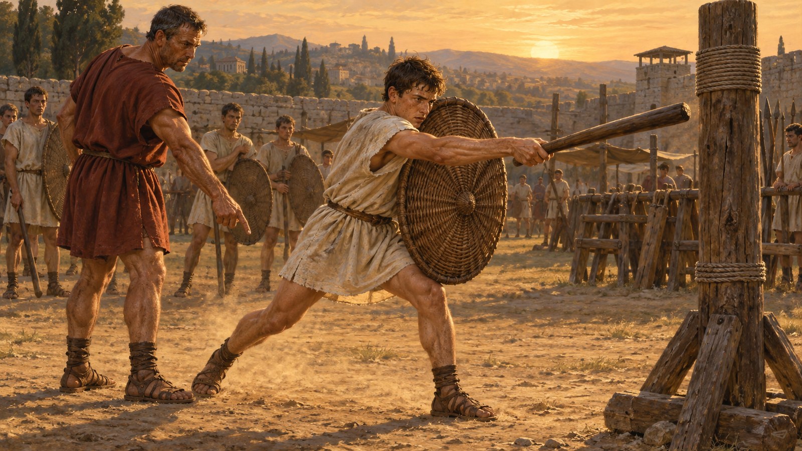 A wide 16:9 cinematic realistic oil-painting of several ancient Roman recruits each facing a separate deeply fixed wooden training stake, heavy woven-wicker practice shields raised, wooden clubs mid-drill, morning dust and disciplined spacing on the Campus Martius, no text, lettering, numerals, logos, signatures or watermark.