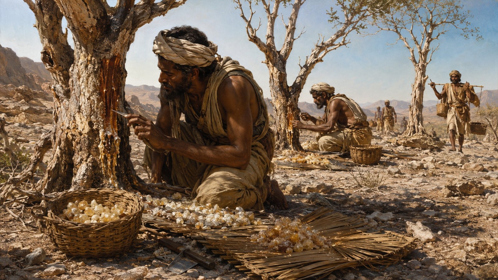 A vertical 4:5 cinematic realistic oil-painting of an ancient South Arabian camel caravan carrying plain sacks of frankincense through a rocky desert gate, resin gatherers and toll clerks with blank tablets, warm amber dawn, no readable text, letters, numerals, logos, signatures or watermark.