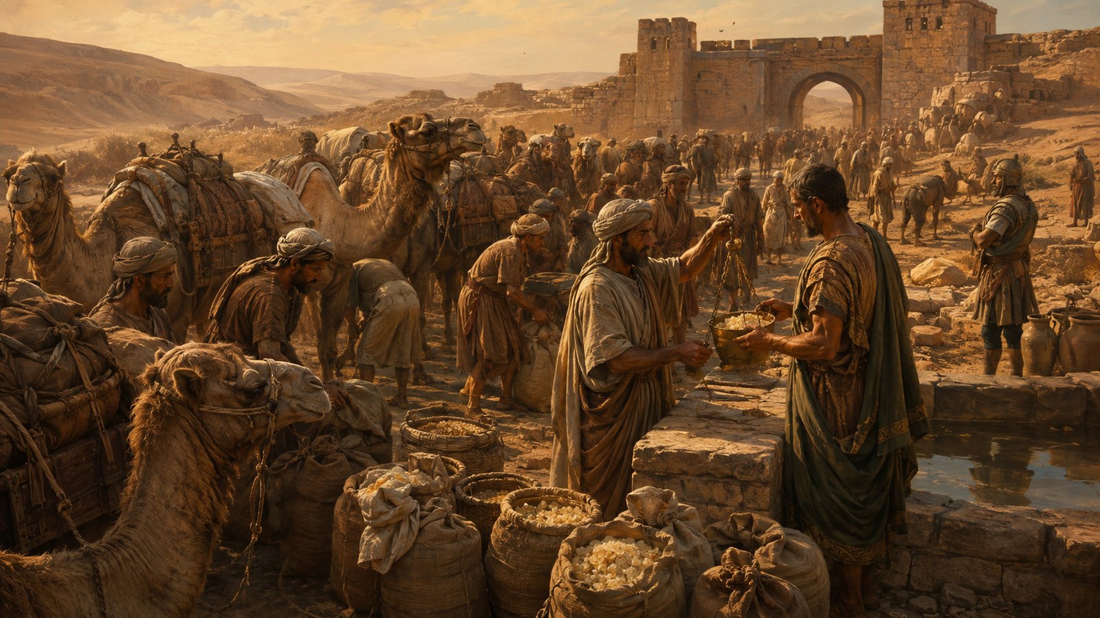 A wide 16:9 cinematic realistic oil-painting of ancient South Arabian workers making careful shallow incisions in frankincense trees on pale rocky soil, milky resin collecting on palm mats, respectful documentary mood, no readable text, letters, numerals, logos, signatures or watermark.