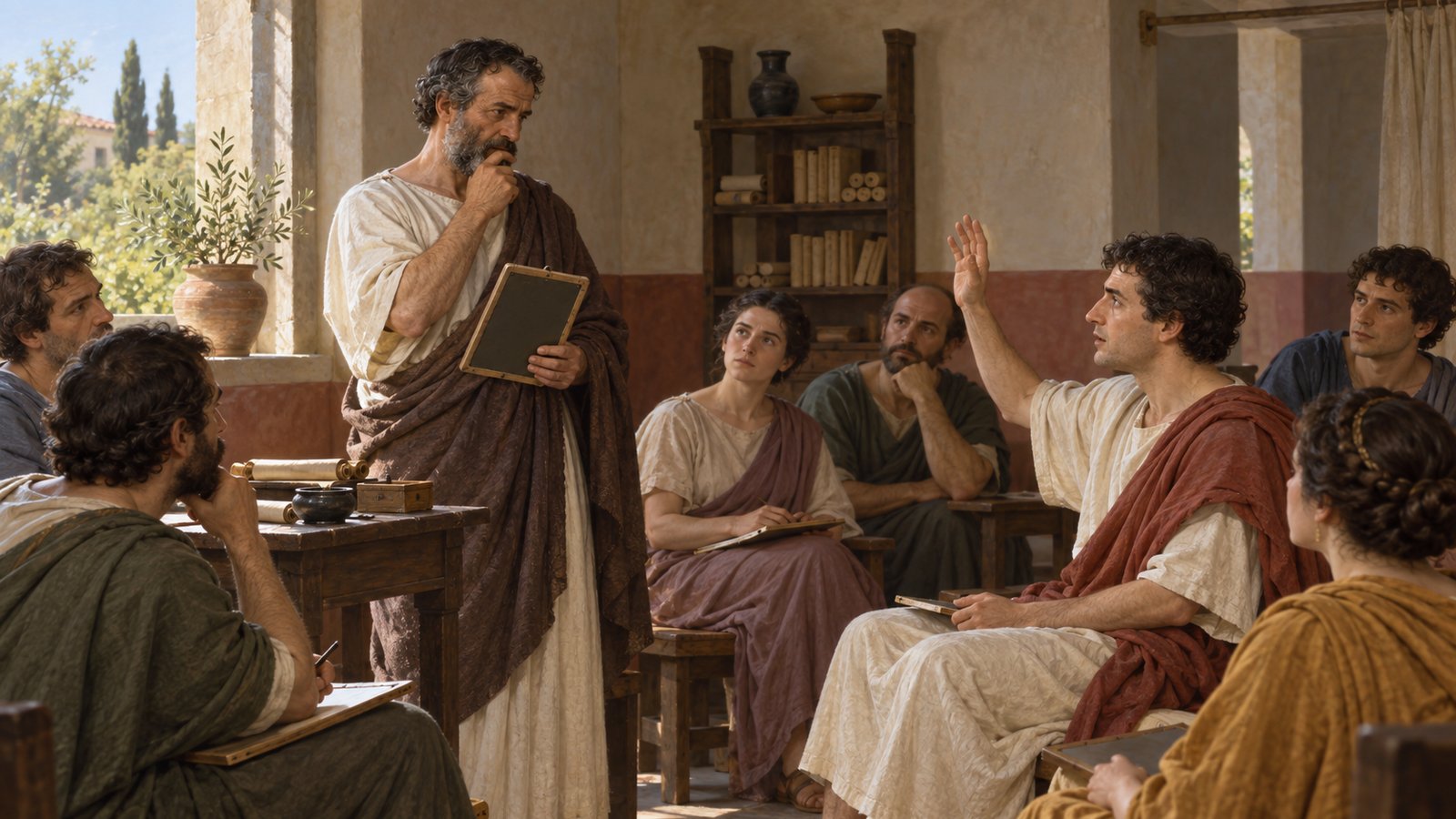 A vertical 4:5 cinematic realistic oil painting in an ancient Greek household courtyard: an enslaved adult man, fully clothed in a plain work tunic and standing upright, points firmly toward a seated older philosopher Plutarch while citing his teaching; Plutarch listens with controlled expression, and an attendant in the background holds a lowered coiled leather strap without using it, tense ethical confrontation, no exposed body, no injury, no violence in progress, no text, letters, numerals, symbols, signatures or watermark.