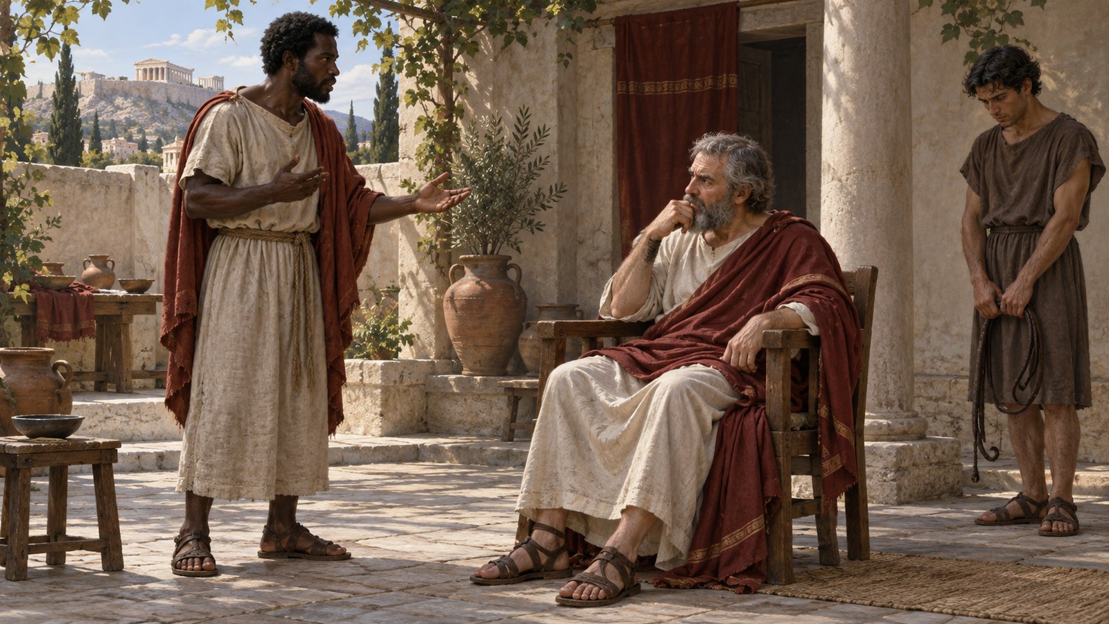 A wide 16:9 cinematic realistic oil painting of Calvenus Taurus teaching adult pupils in a second-century lecture room, Aulus Gellius raising a hand to ask whether a wise person becomes angry, Taurus pausing before a blank wax tablet, attentive faces, historically plausible clothing and modest room, no readable marks, text, letters, numerals, symbols, signatures or watermark.