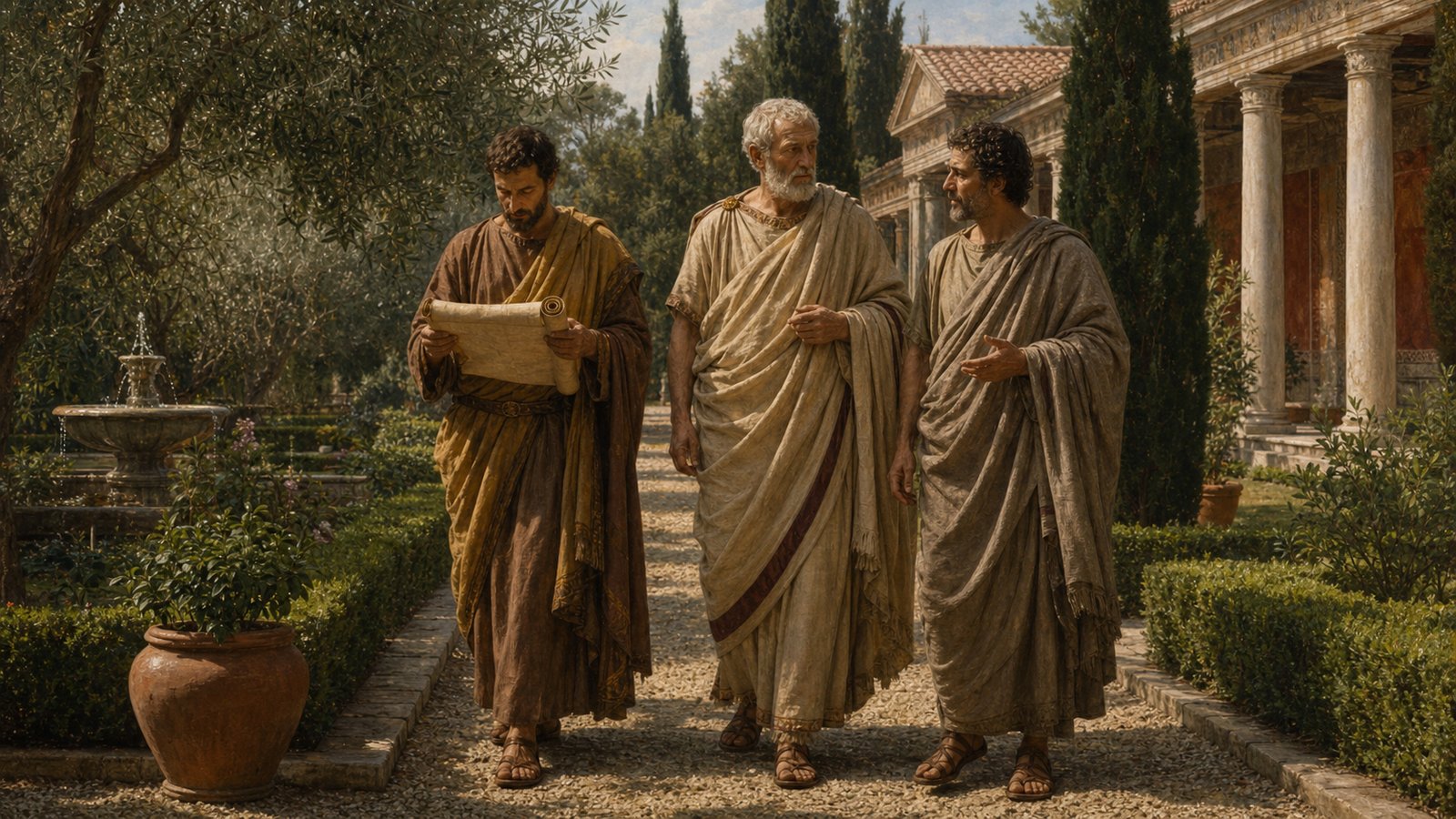 A vertical 4:5 cinematic realistic oil-painting of the elderly Roman statesman Vestricius Spurinna walking briskly along a shaded villa colonnade with one companion at the second hour, a scroll reader and simple garden visible behind them, dignified active old age, historically plausible first-century Roman clothing and architecture, no text, letters, numerals, inscriptions, logos, watermark or signature.