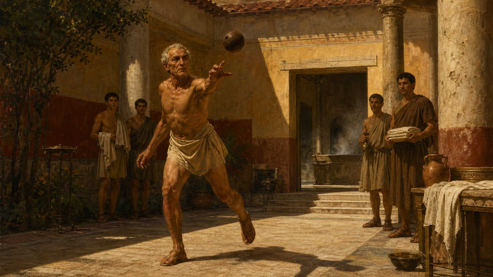 A wide 16:9 cinematic realistic oil-painting of an elderly Roman aristocrat beginning a measured morning walk through a villa garden while a companion reads from a scroll and another converses beside him, soft early light, clear blend of mental and physical exercise, no text, letters, numerals, inscriptions, logos, watermark or signature.