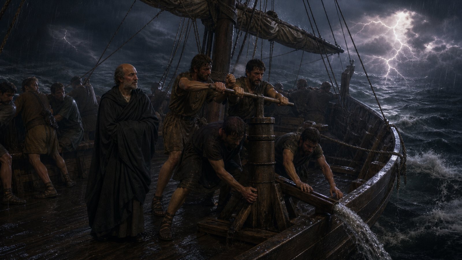 A vertical 4:5 cinematic realistic oil-painting aboard a small second-century Roman merchant vessel in a violent Ionian storm at dawn: sailors and passengers strain at wooden hand pumps while an unnamed middle-aged Stoic teacher in a plain dark cloak grips a timber rail, his face visibly pale but his posture controlled, black cloud banks and spray, historically plausible rigging and clothing, no text, no letters, no inscriptions, no logos, no watermark.