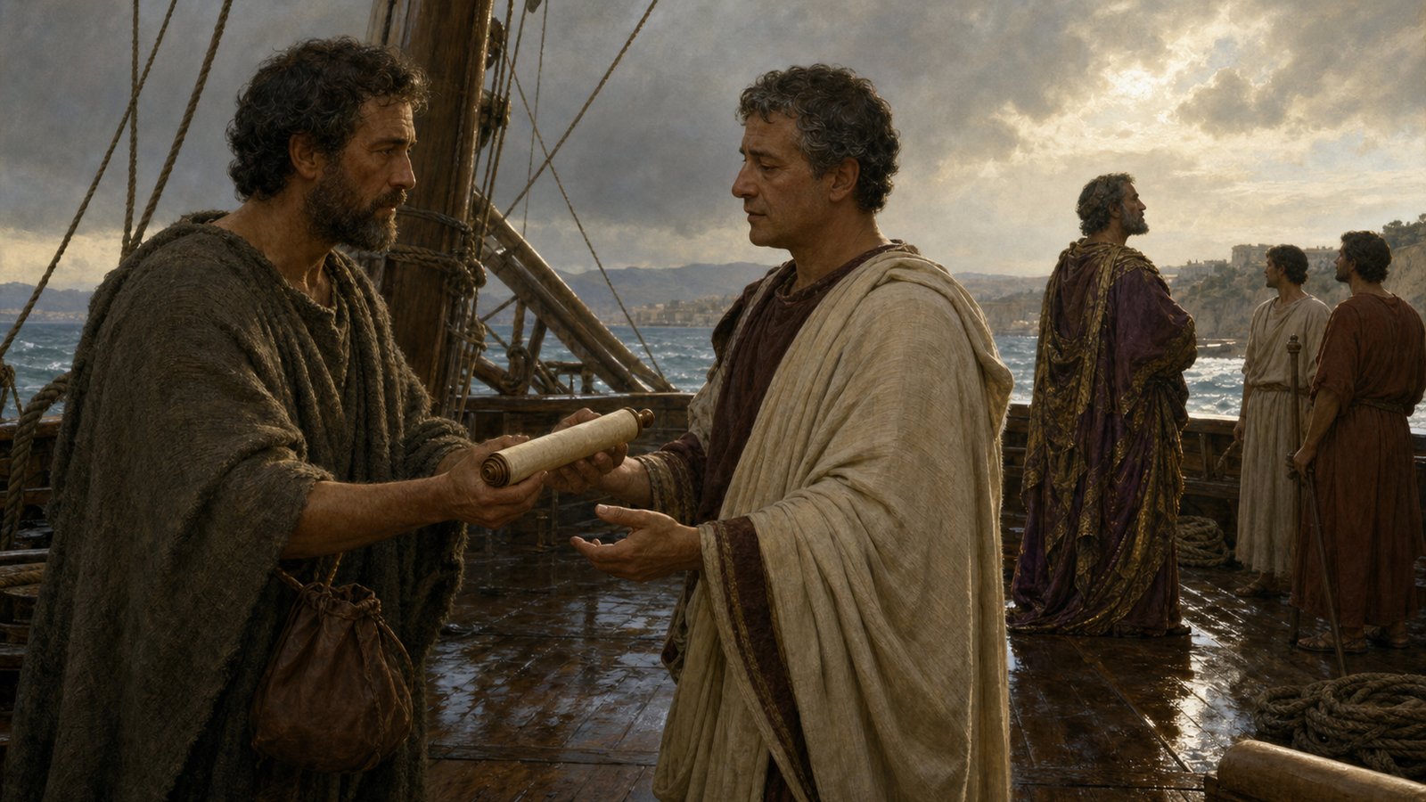 A wide 16:9 cinematic realistic oil-painting of a waterlogged second-century Roman sailing vessel at night between Corcyra and Brundisium, crew and passengers pumping bilge water under a fierce side-wind, wet ropes and timber deck, one restrained philosopher among frightened travelers, dramatic but historically plausible maritime construction, no text, no letters, no inscriptions, no logos, no watermark.
