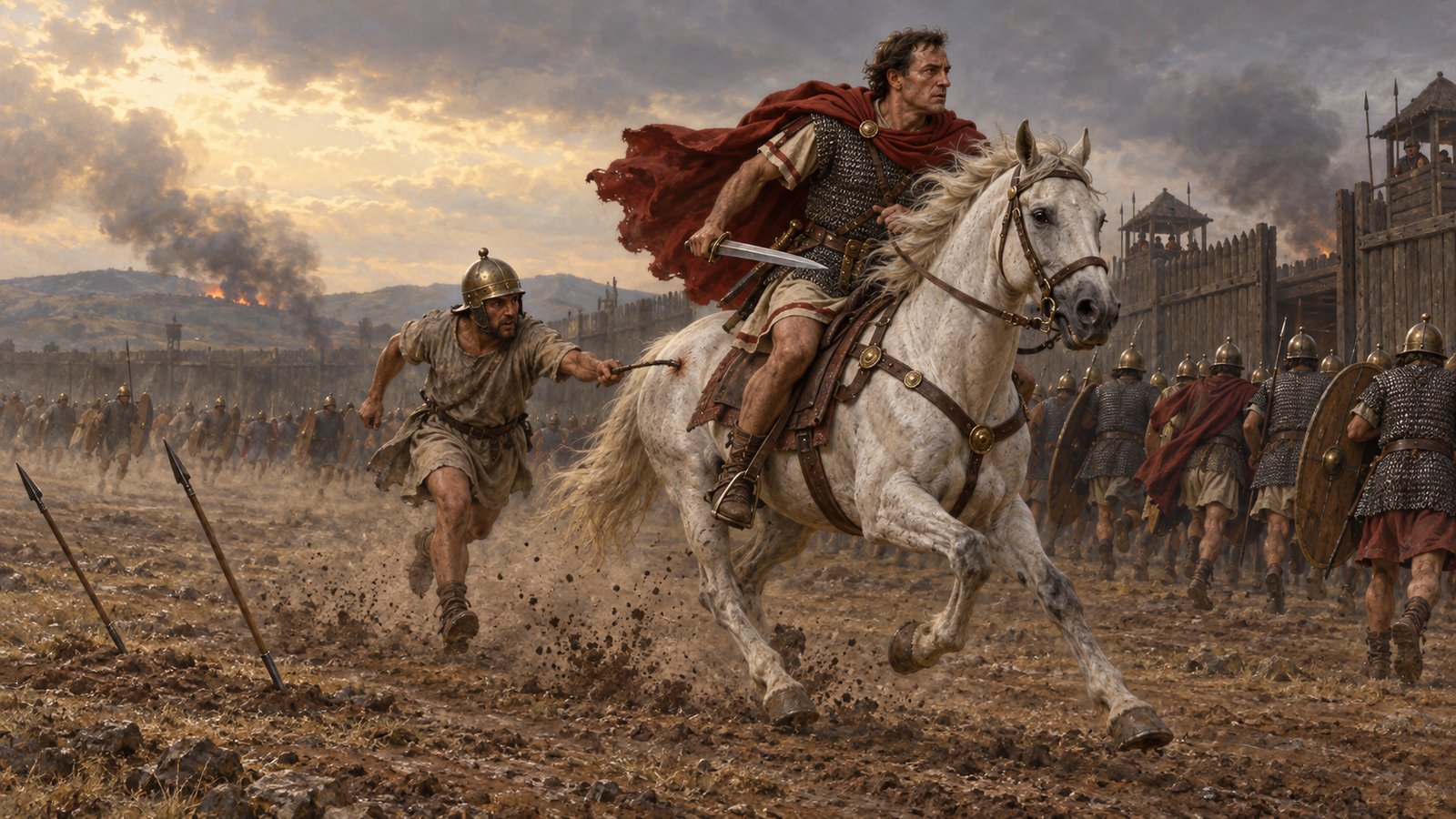 Plutarch’s battlefield sequence makes Sulla’s danger physical: his groom drove the horse ahead just before two poised spears struck the ground behind it.