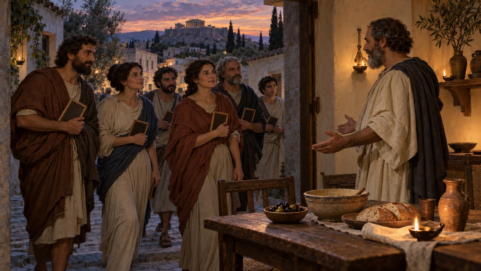 A vertical 4:5 cinematic realistic oil painting of the philosopher Taurus hosting a modest second-century dinner in Athens, a small circle of adult pupils on couches around a plain low table with bread, olives, diluted wine and writing tablets turned blank-side up, one guest raising a hand to offer a prepared question, warm lamplight, historically plausible clothing and room, no readable text, letters, numerals, signatures or watermark.