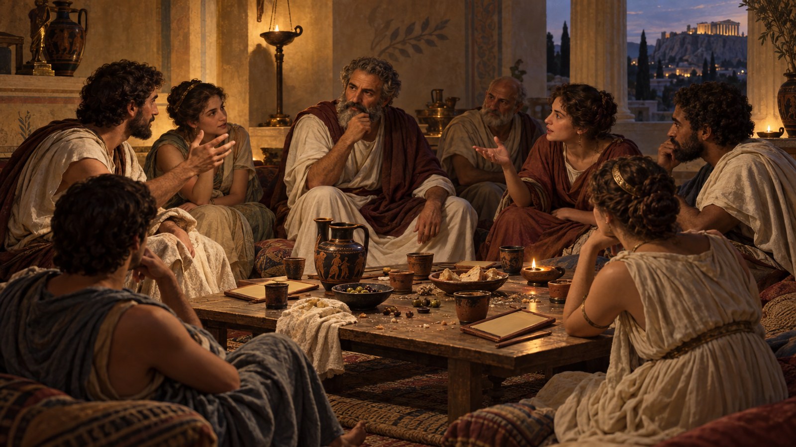 A wide 16:9 cinematic realistic oil painting of adult philosophy students arriving at Taurus’s modest Athenian home at dusk, each carrying a small blank wax tablet rather than food, the teacher welcoming them beside a simple table with bread, olives and a mixing bowl, social anticipation and restrained warmth, no readable marks, text, letters, numerals, logos, signatures or watermark.