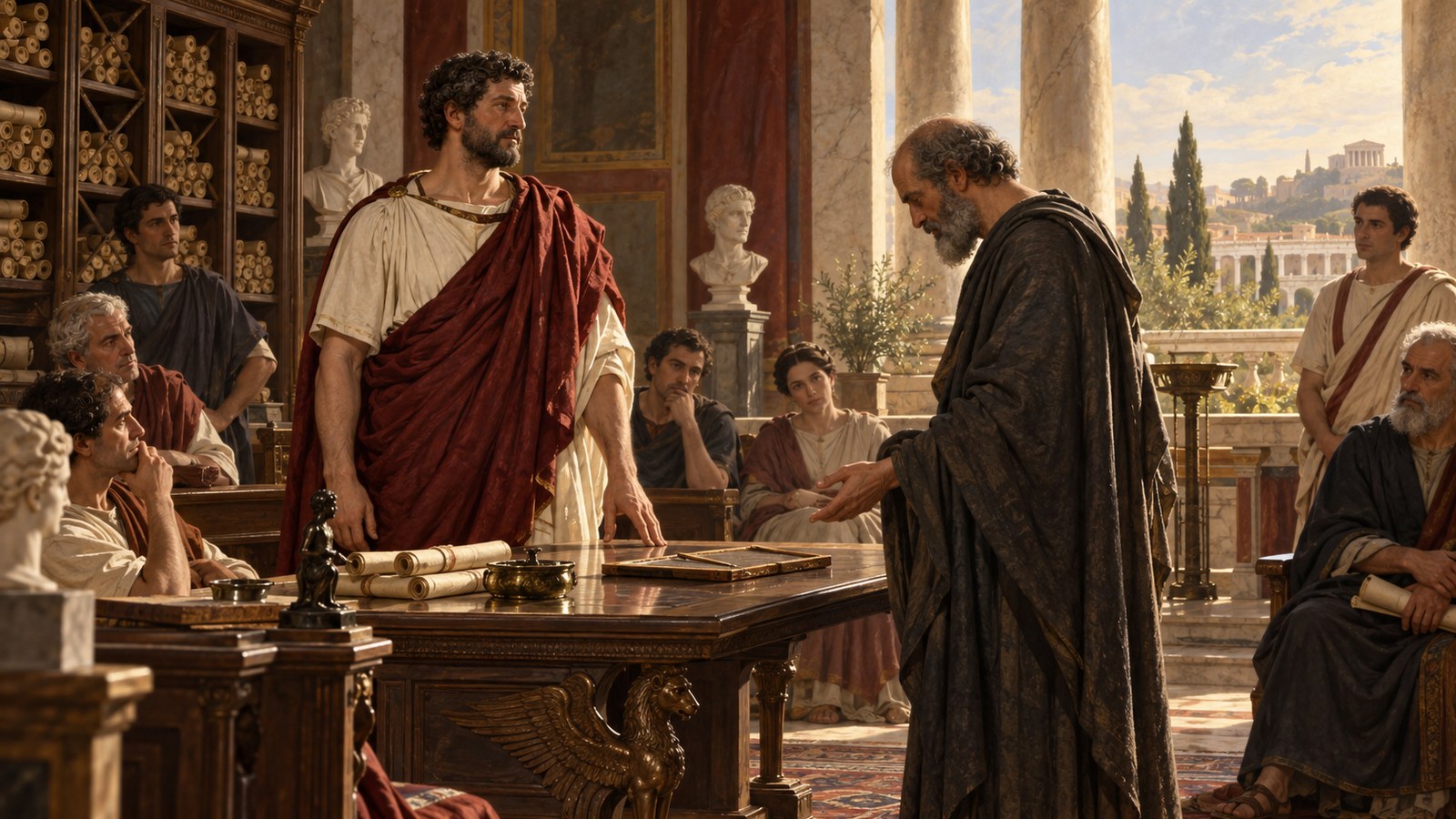 A vertical 4:5 cinematic realistic oil painting inside a richly appointed but historically plausible Roman imperial library, a mature emperor in unmarked purple-edged civilian dress points to one word on a wax tablet while a bearded philosopher calmly lowers his stylus, shadowed ranks of generic legionary standards visible far beyond an open colonnade as a metaphor for unequal power, tense intelligent faces but no recognizable modern person, no readable text, letters, numerals, emblems, signatures or watermark.