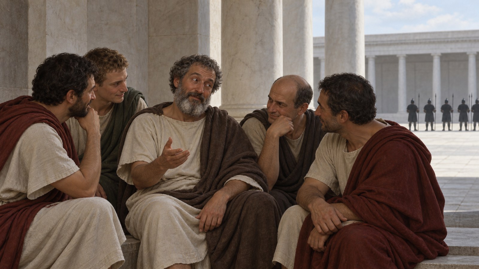A wide 16:9 cinematic realistic oil painting of a Roman scholarly dispute in Hadrian’s court, an emperor and a philosopher stand over wax tablets while several educated friends watch the philosopher deliberately yield, scroll cupboards and plain busts behind them, the composition makes the social imbalance clear without violence, historically plausible clothing and furniture, no readable text, letters, numerals, emblems, signatures or watermark.