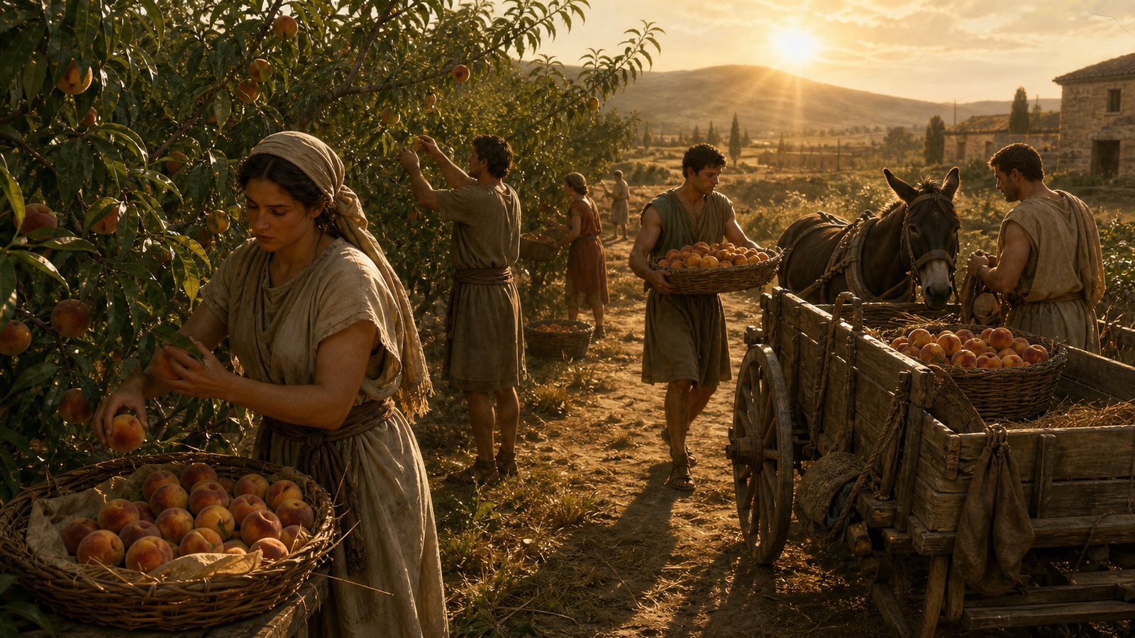 A vertical cinematic realistic oil-painting of a first-century Roman fruit market at dawn: a merchant carefully presents one ripe golden-red peach on a small bronze scale while ordinary buyers inspect baskets of firmer and softer peach varieties, urgency and rarity visible in the scene, plausible Roman clothing and stalls, no readable text, no coins with legible marks, no watermark.