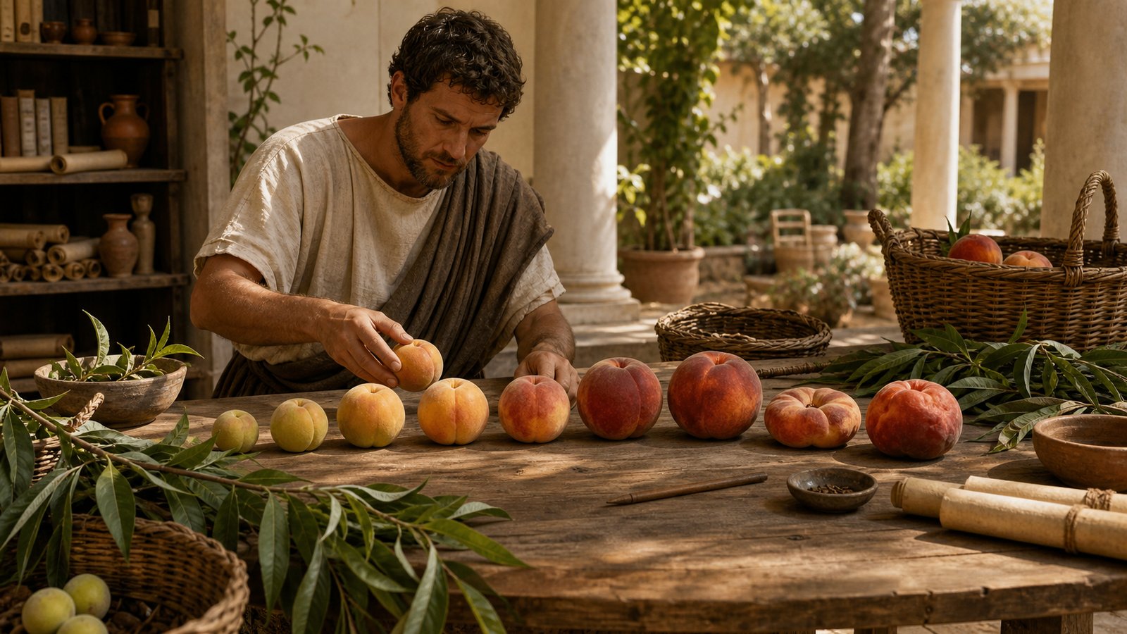 A wide horizontal cinematic orchard-to-market scene in Roman Italy: workers pick ripe golden-red peaches into shallow padded wicker trays while a mule cart waits to leave immediately, some fruit still on leafy branches and the morning sun low, emphasizing a harvest that cannot be stored, historically plausible tools, no readable text, no watermark.