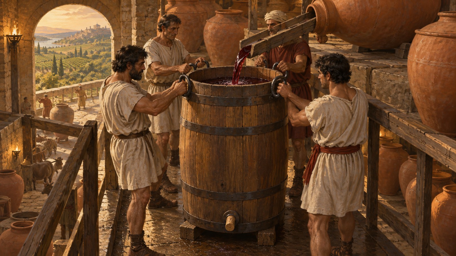 Quantity moved from promise to procedure through a culleus-sized vessel with four handles, a closable outlet and a fixed upper capacity point.