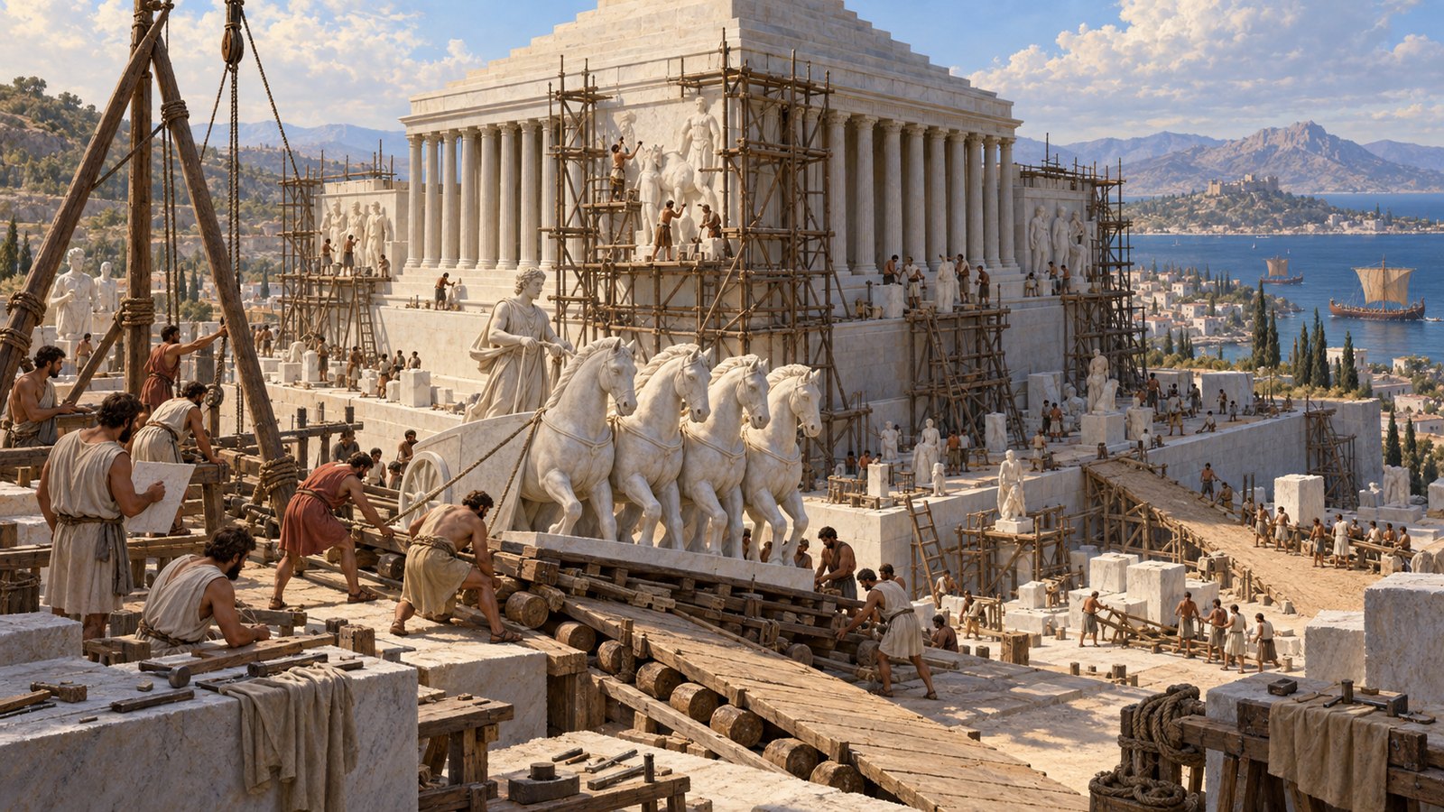 Pliny assigns one sculptor to each side and says the teams completed the work after Artemisia’s death because the monument also carried their own reputations.