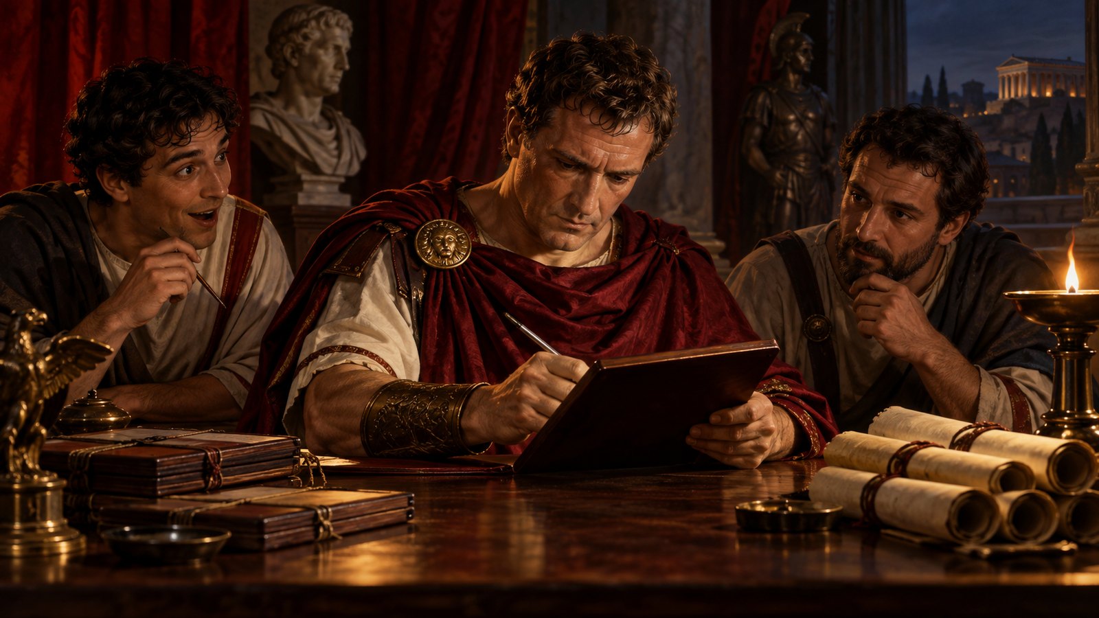 A vertical 4:5 cinematic realistic oil painting of the future emperor Titus in an early imperial Roman study playfully racing two secretaries with styli, hands moving over wax tablets angled away so no marks or writing are visible, scrolls tied shut, warm lamplight, alert memory and amused concentration, historically plausible clothing and furnishings, no readable text, letters, numerals, emblems, signatures or watermark.