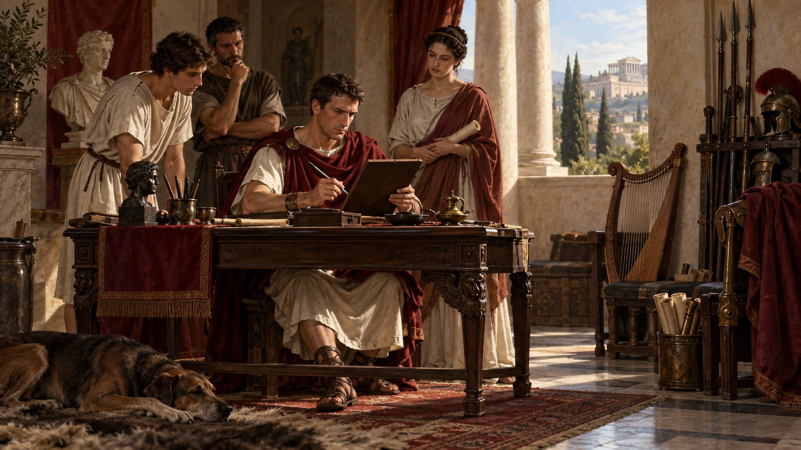 A wide 16:9 cinematic realistic oil painting of Titus and imperial secretaries at a long wooden desk, Titus swiftly reproducing a hand movement on a wax tablet whose surface is hidden from the viewer, one secretary surprised and amused, sealed blank-backed tablets and tied scrolls nearby, no visible writing or pseudo-text, no logos, emblems, signatures or watermark.