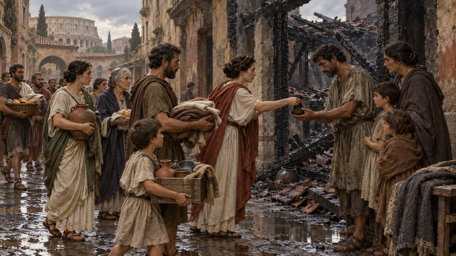 A vertical 4:5 cinematic realistic oil painting of Tongilianus standing before the smoking remains of a modest Roman townhouse in Flavian Rome while neighbors bring plain coin purses and household aid, his expression difficult to read, wet ash and broken roof tiles, compassion beginning to turn into suspicion, no active flames, no text, lettering, numerals, symbols, signatures or watermark.