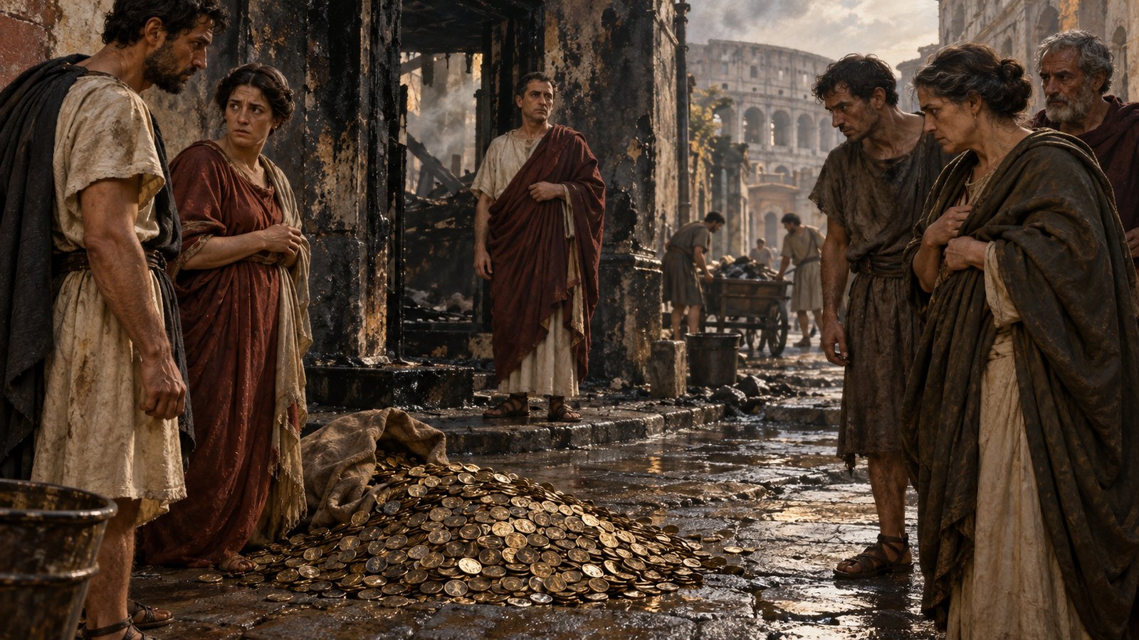 A wide 16:9 cinematic realistic oil painting of a Roman neighborhood after a house fire, residents passing small unmarked coin pouches and practical goods toward the displaced owner, charred beams and damp roof tiles behind them, communal relief rather than an official office, restrained Flavian urban scene, no text, lettering, numerals, symbols, signatures or watermark.