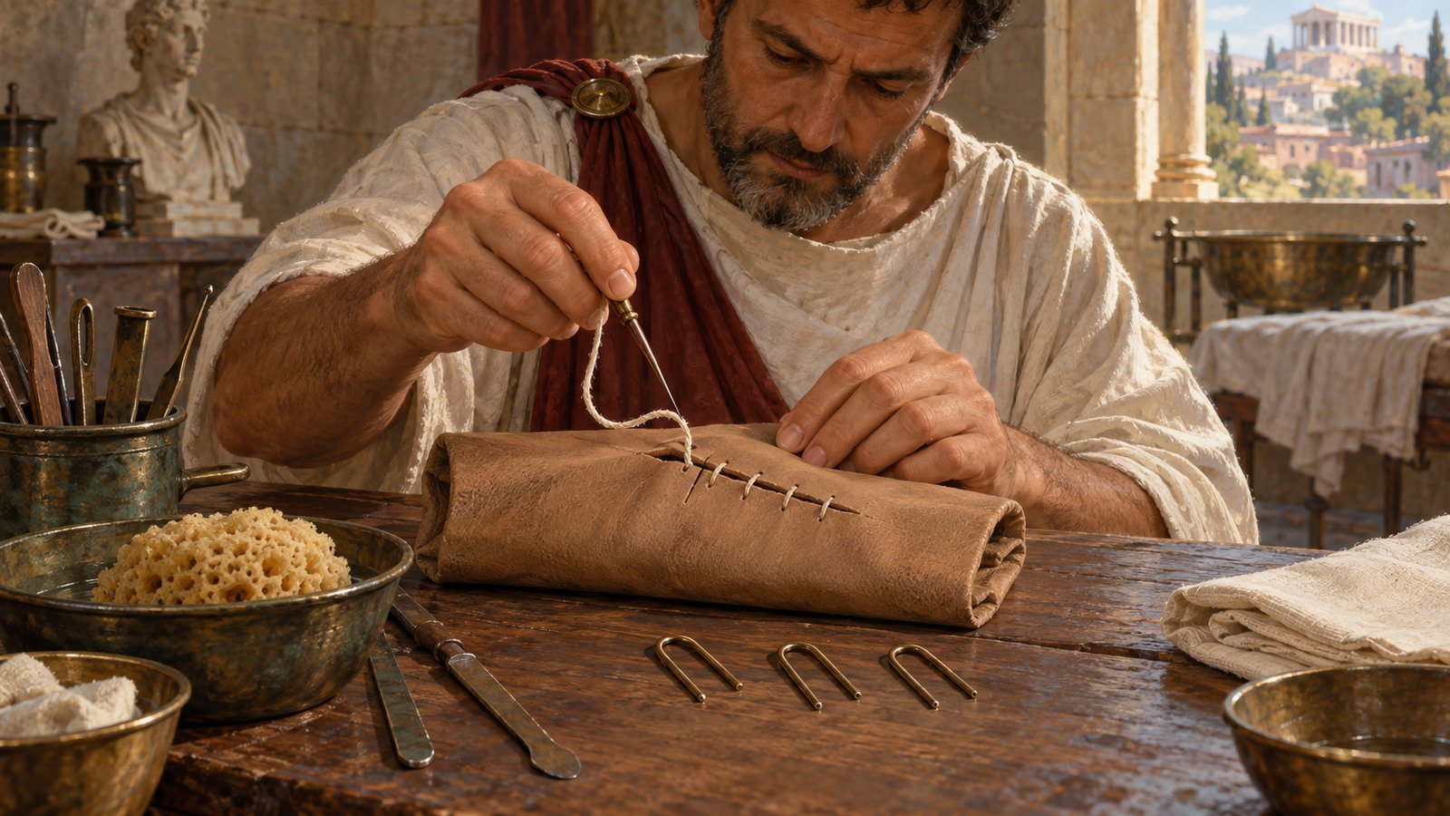 Celsus separated wounds that could be sutured from gaping flesh better narrowed with fibulae, and required clot or retained lint to be removed before either method.