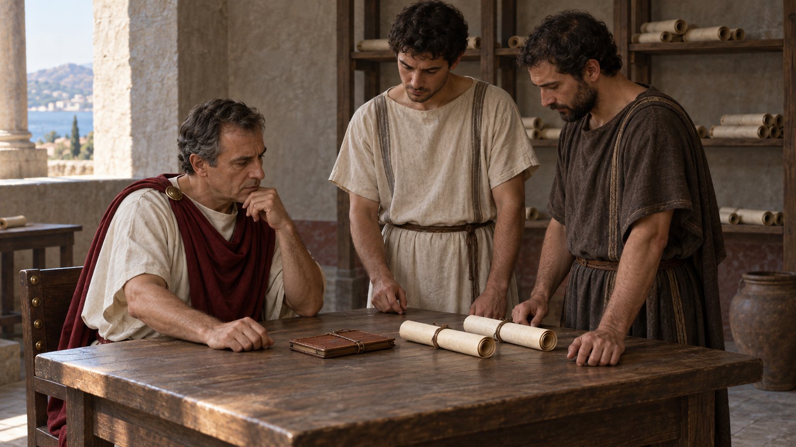 A vertical 4:5 cinematic realistic oil painting in a Roman provincial basilica in Bithynia, an adult young petitioner in plain freeborn clothing standing before Governor Pliny’s tribunal while an older foster-householder presents an account tablet, clerks and sealed scrolls behind the magistrate, emotionally restrained legal hearing, deep red and warm stone palette, historically plausible early-second-century setting, no readable text, emblems, signatures or watermark.