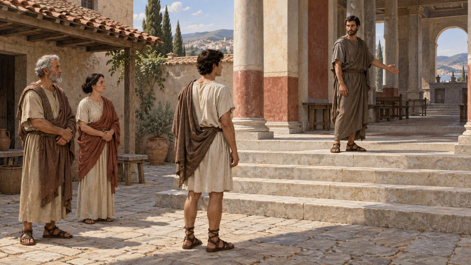 A wide 16:9 cinematic realistic oil painting of Roman provincial clerks comparing several worn scrolls and wax tablets in an archive room, Governor Pliny seated at a table as one clerk points out broken seals and inconsistent copies, shelves of rolled documents, cool daylight and warm lamp glow, historically plausible Bithynia under Trajan, no readable text, imperial portraits, emblems, signatures or watermark.