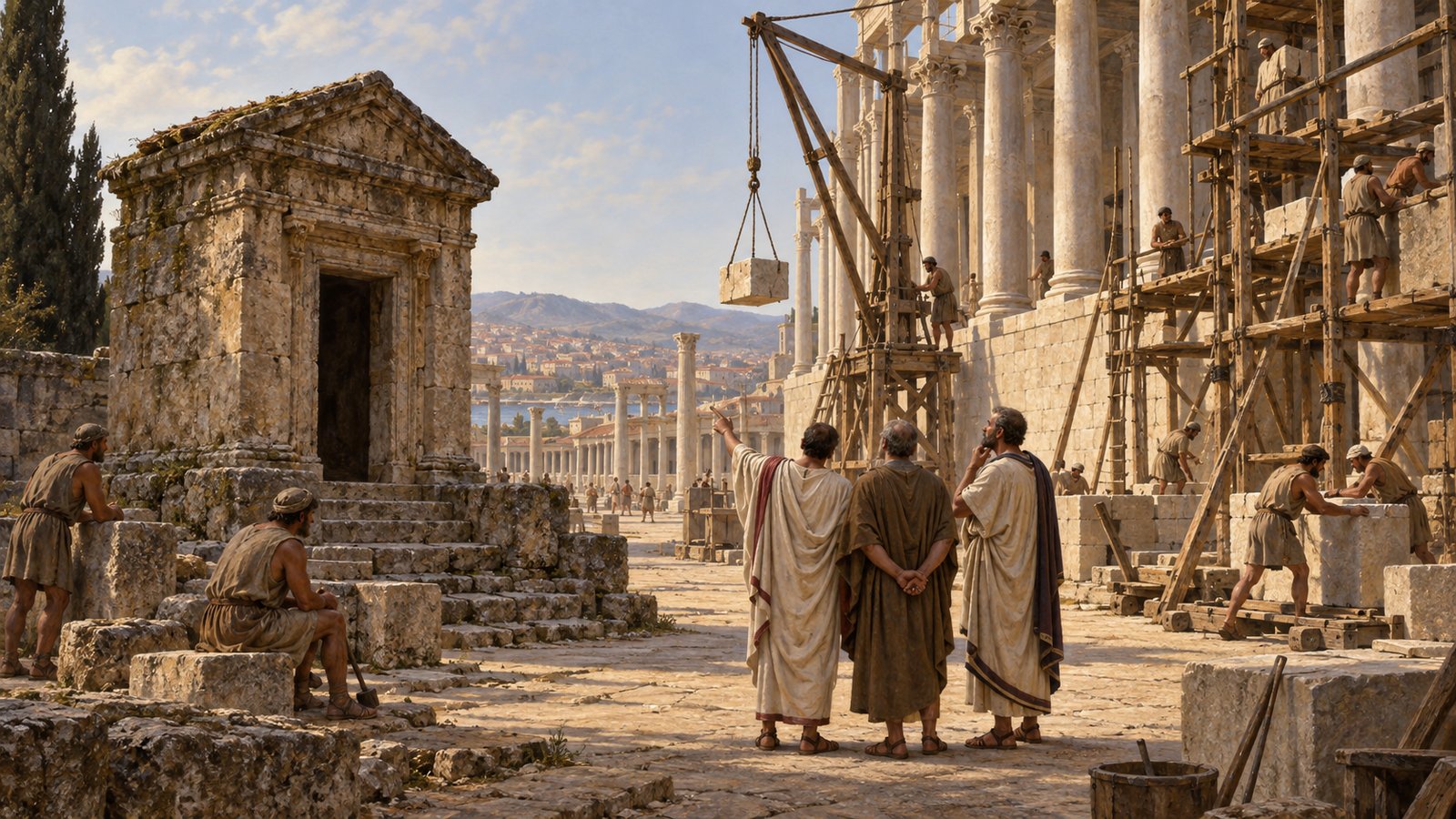 A vertical 4:5 cinematic realistic oil painting of an ancient modest shrine of the Great Mother standing in one corner of Nicomedia’s old Roman forum while much taller new colonnaded buildings rise around it, provincial officials measuring the contrast, Anatolian urban setting, amber and deep red palette, no cult text, letters, numerals, signs, signatures or watermark.