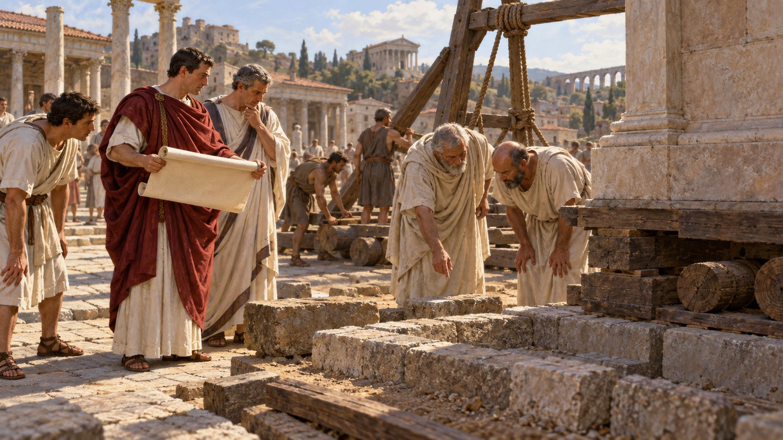 A wide 16:9 cinematic realistic oil painting across Nicomedia’s old forum showing a small weathered ancient shrine of the Great Mother visually dwarfed by high new civic buildings under construction, stoneworkers paused while Pliny-like governor inspects the site, historically plausible, no text, letters, numerals, signs, signatures or watermark.