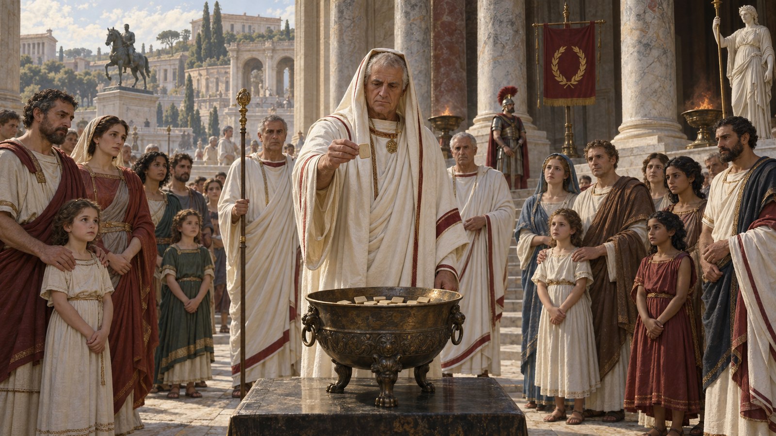 Gellius says the Papian law selected twenty girls before one lot was drawn in the assembly.