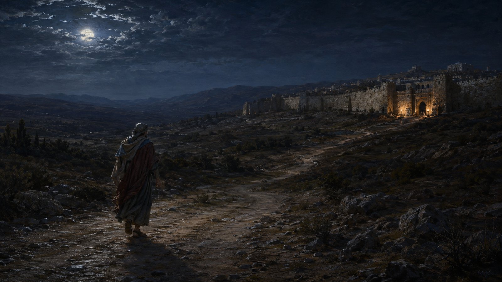 A vertical 4:5 cinematic historical scene at night: an adult ancient Greek scholar seen in three-quarter back view approaches the stone gate of Athens wearing a long plain tunic, muted multicolored mantle and veil as a practical disguise, moonlit road from Megara behind him, vigilant generic gate guards in the distance, no text, letters, inscriptions, logos, watermark or modern objects.
