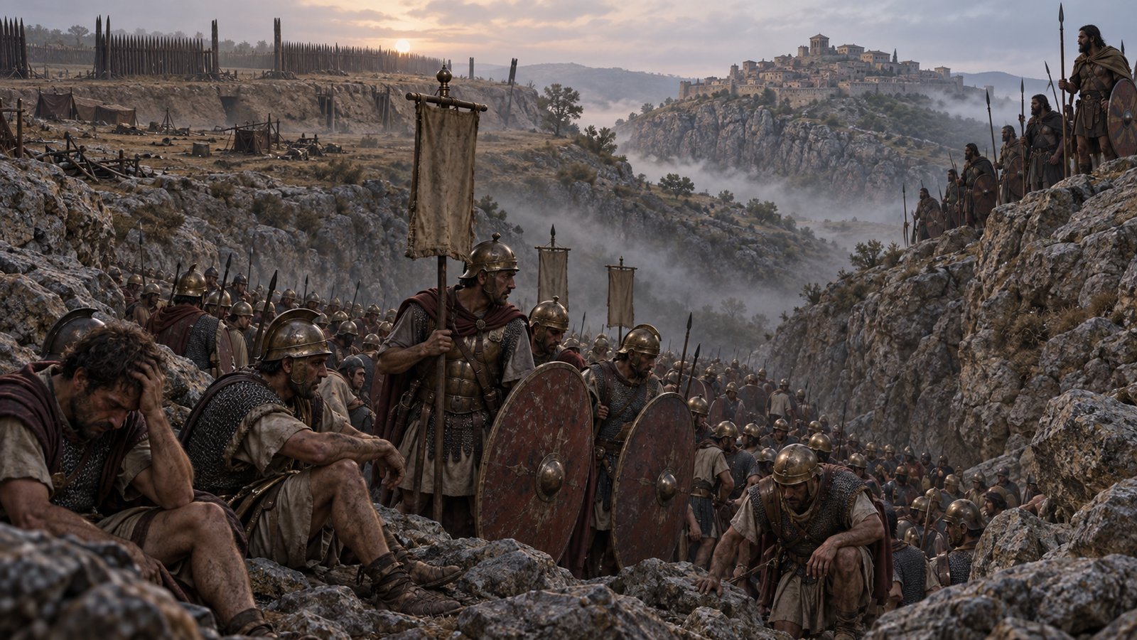 A failed attempt to leave camp by night ended with the Numantines seizing the camp and enclosing the Roman army in ground with no escape.
