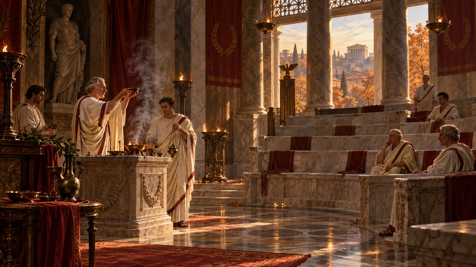 The later enrolment was guarded: Augustus wore hidden armour, kept strong allies near his chair, and received senators individually after searches.