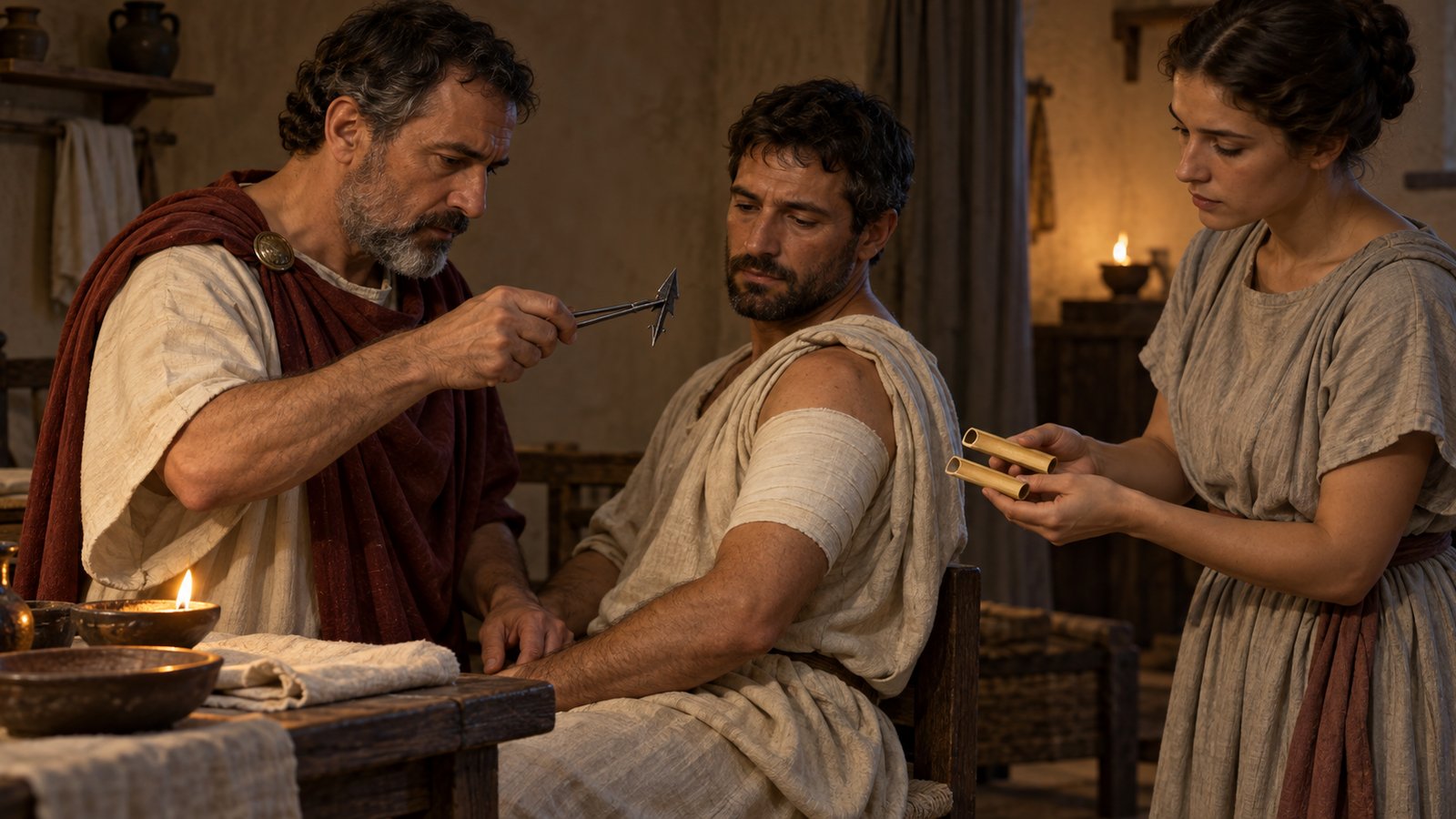 A vertical 4:5 cinematic realistic oil painting inside a Roman medical room, an experienced physician and two assistants carefully preparing to remove a broad iron missile head from the upper arm of a seated generic soldier, the wound discreetly covered with linen and no visible gore, a precise two-piece iron guiding instrument prominent in the physician’s hands, lamplight on bronze basins and plain wooden furniture, historically plausible first-century setting, no readable text, emblems, signatures or watermark.