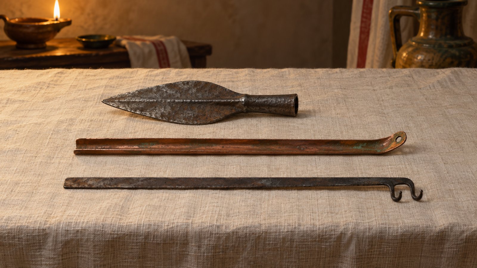 A wide 16:9 cinematic realistic oil painting of a Roman physician examining the path of an embedded arrow in a generic patient’s upper arm while an assistant holds a lamp and another lays out forceps, blunt hooks, split reed pens and linen on a plain wooden table, restrained non-graphic medical scene, historically plausible instruments, no readable text, emblems, signatures or watermark.