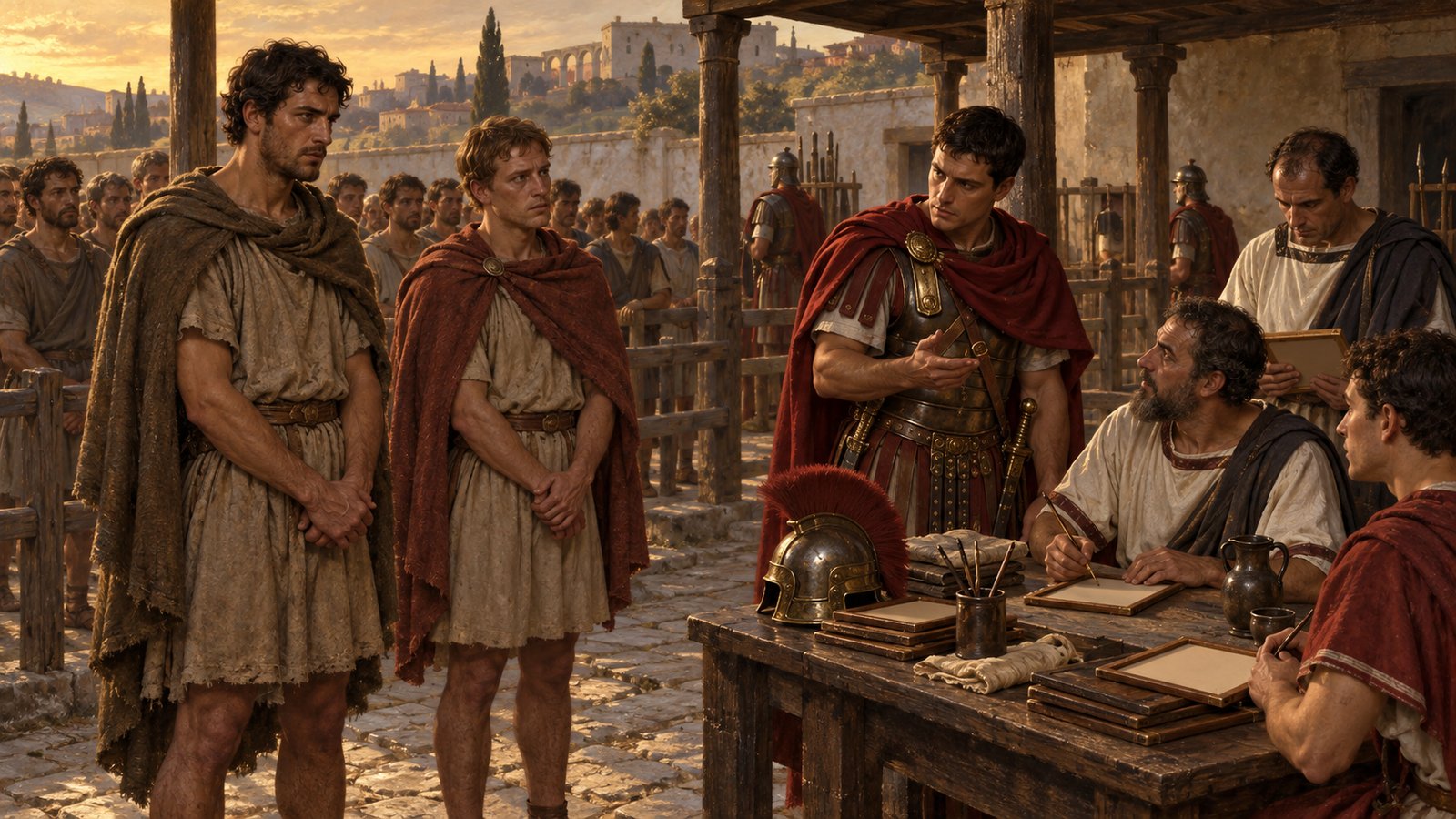 A vertical 4:5 cinematic realistic oil painting of two anxious enslaved men standing among a line of Roman military recruits at a provincial intake courtyard while an officer discovers their status, wax tablets and plain equipment on a table, historically plausible early second-century clothing and armor, dramatic amber light, no text, letters, numerals, insignia, signatures or watermark.