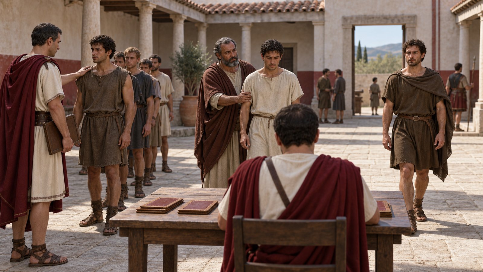A wide 16:9 cinematic realistic oil painting of a Roman provincial recruitment examination, two unarmed men separated from a line of recruits after taking an oath but before company assignment, Sempronius Caelianus-like officer questioning clerks beside wax tablets, restrained tension, no readable text, letters, numerals, insignia, signatures or watermark.