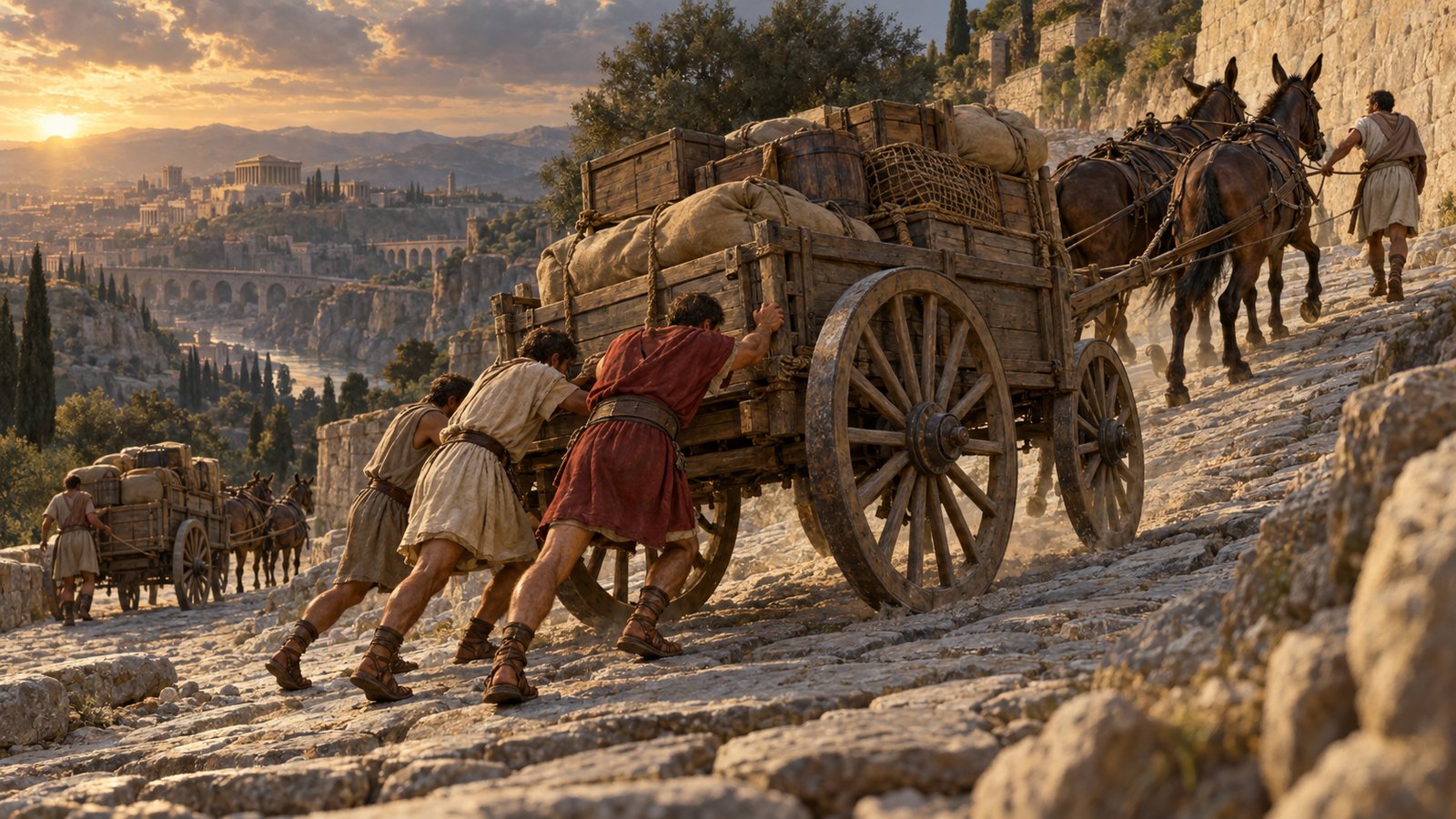 A vertical 4:5 cinematic realistic oil painting of two heavily loaded Roman mule carts stalled one above the other on the steep Capitoline slope, late Republican Rome, handlers straining to brace the upper wooden cart while the lower team waits below, palpable mechanical danger before any collision, stone paving and dense urban walls, historically plausible harness and solid wooden wheels, no injury, no text, lettering, numerals, symbols, signatures or watermark.
