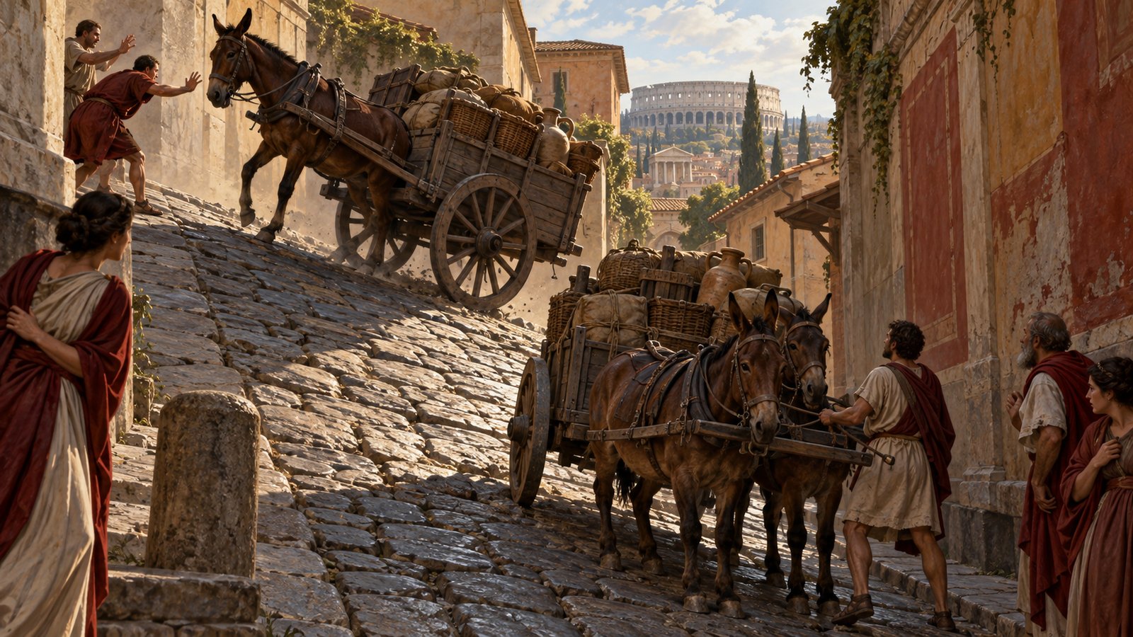A wide 16:9 cinematic realistic oil painting of Roman mule drivers wedged behind the wheels and frame of a loaded cart on a steep stone incline, muscles tense as the mules pull uphill, a second loaded cart visible farther down the lane, close attention to plausible wooden axles, wheel chocks and rope harness, no collision or injury, no text, lettering, numerals, symbols, signatures or watermark.