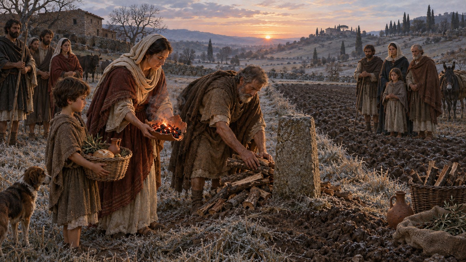 Ovid’s household sequence brings hearth coals, wood, dry bark and a boy’s basket out to the fixed marker between two fields.