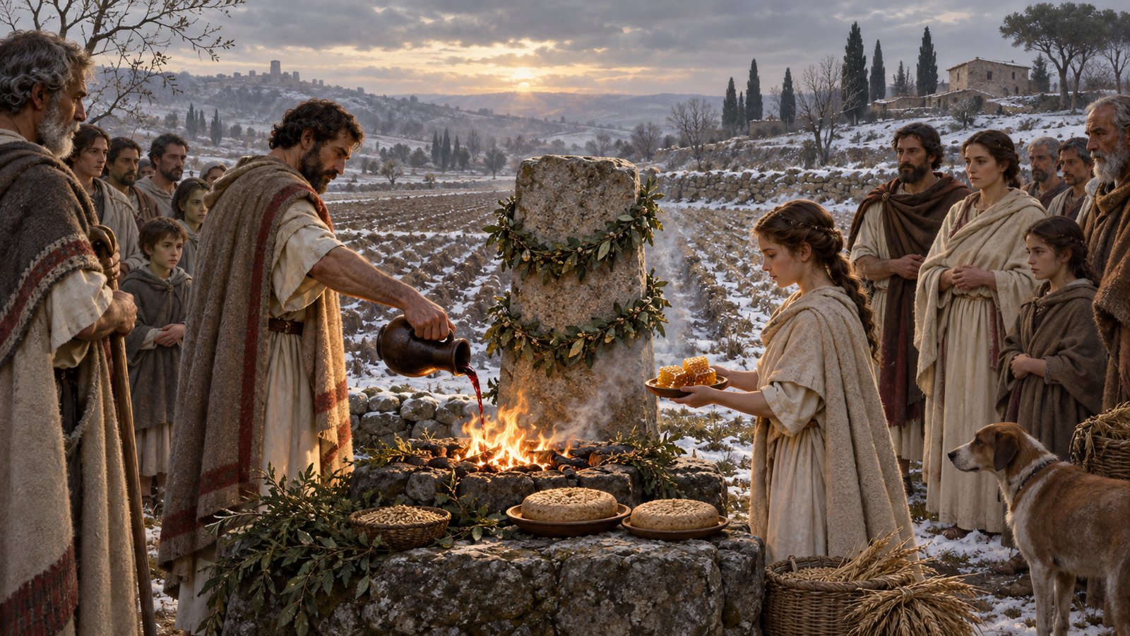 Three offerings of grain, sliced honeycomb and wine precede the neighbors’ feast and song for Terminus.