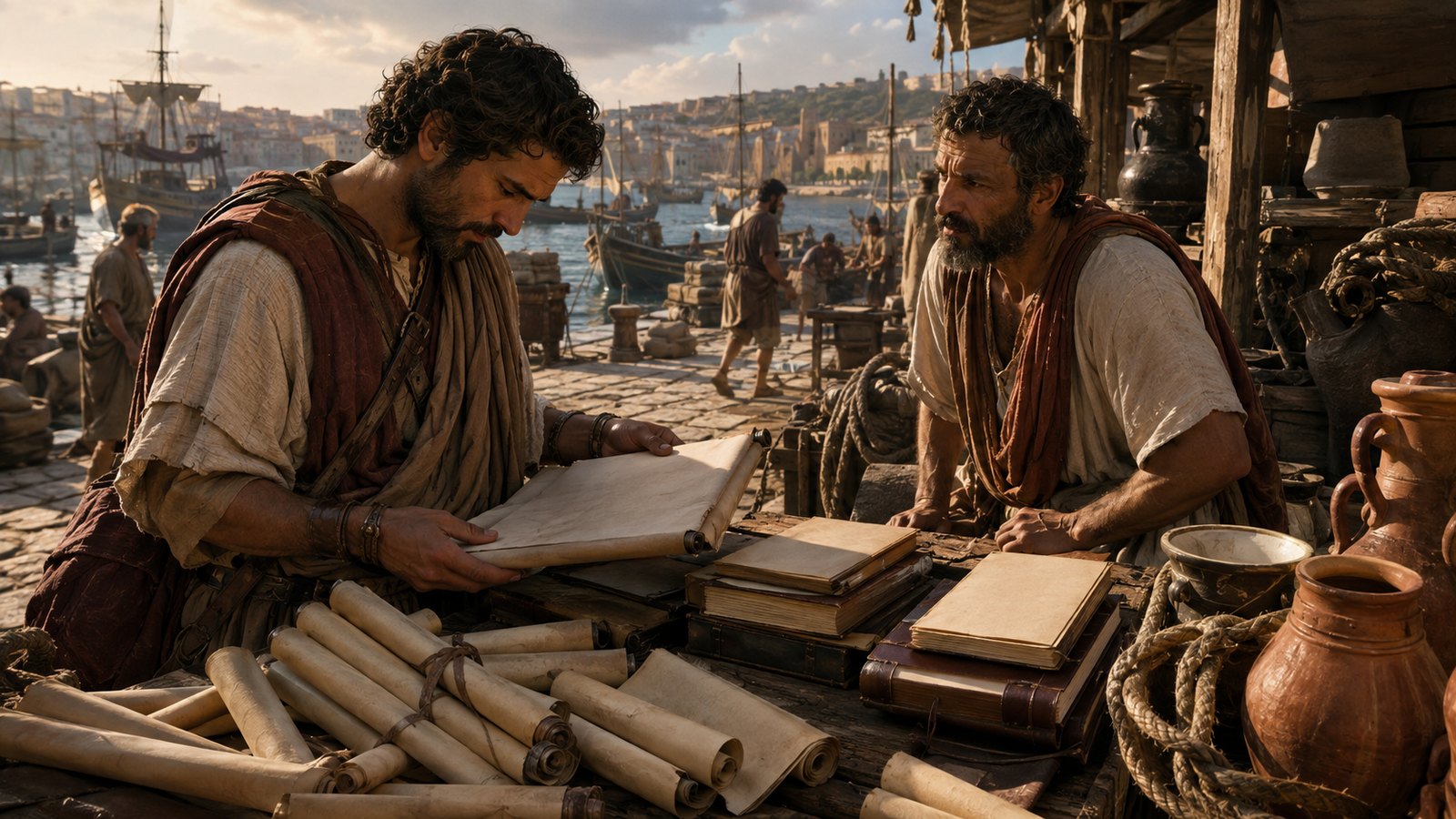 A vertical 4:5 cinematic ancient Roman port bookstall at Brundisium: a travel-worn adult scholar kneels beside bundles of battered Greek scrolls and codices on a rough cloth while a bookseller names a bargain, ships and cargo in soft background, all pages blank or turned away, no text, letters, inscriptions, logos or watermark.