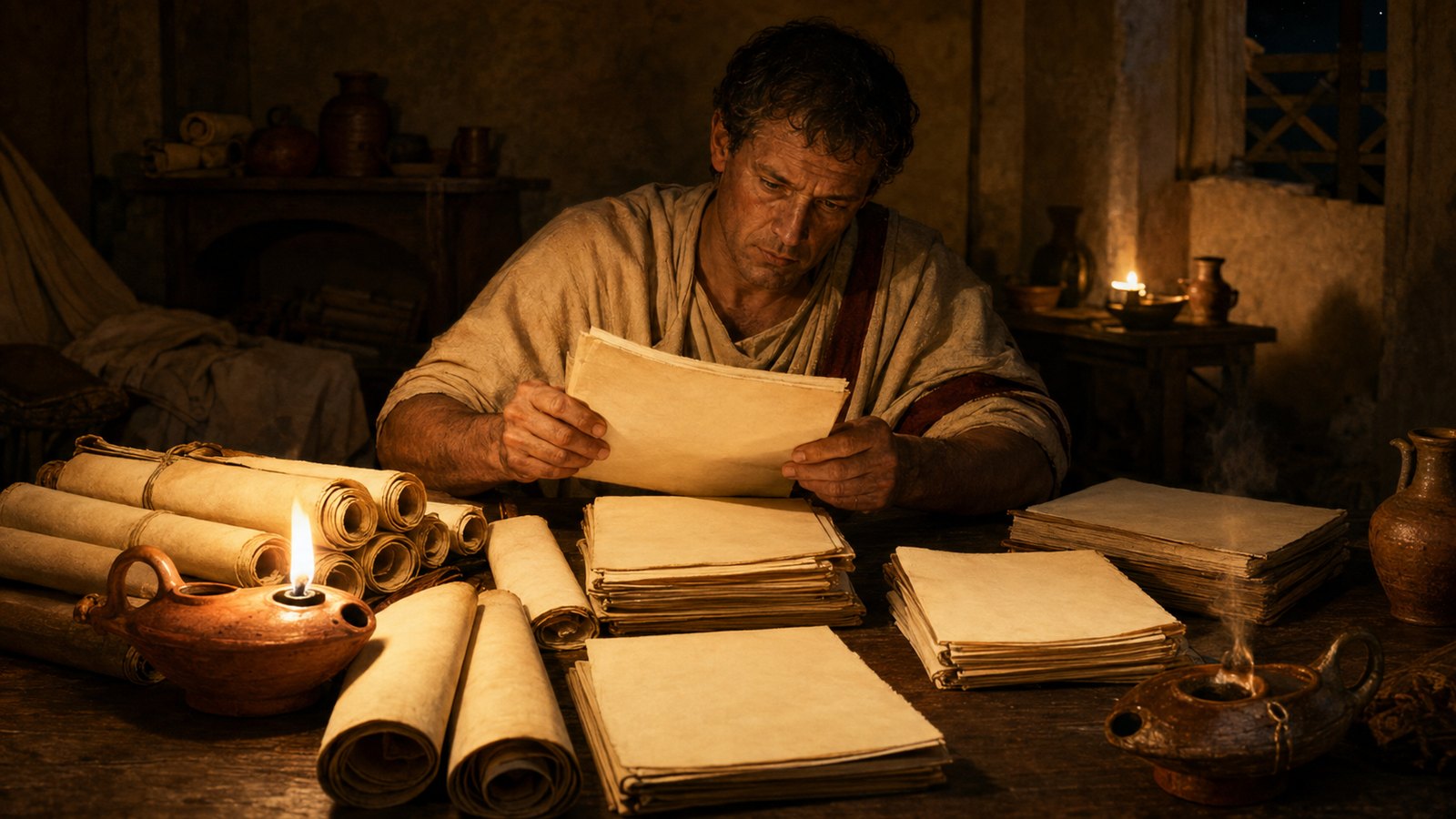 A wide 16:9 bustling ancient port at Brundisium: weathered bundles of books lie for sale between rope coils and amphorae, a returning scholar examines them eagerly while a merchant watches, sea and merchant ships beyond, blank pages only, no text, letters, inscriptions, logos or watermark.
