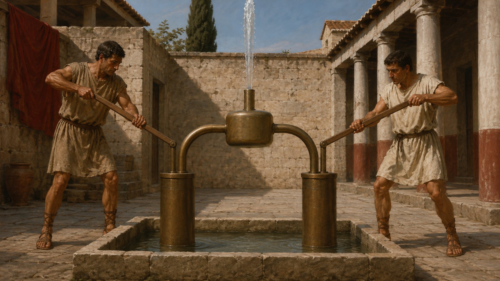 A vertical 4:5 historically plausible workshop scene of two workers operating a coherent twin-cylinder bronze force pump beside a lower reservoir, with water rising from a plain vertical outlet, all surfaces blank and no text or marks.