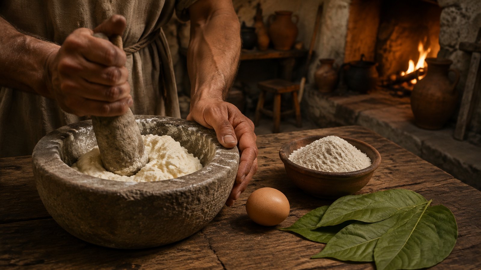 A vertical 4:5 cinematic realistic oil-painting of a Roman farm kitchen preparing libum, a heavy stone mortar filled with pale fresh cheese, a measured bowl of flour, one egg, green leaves and a rounded loaf beneath a plain terracotta baking crock by the hearth, historically plausible utensils, no text, lettering, numerals, logos, signatures or watermark.