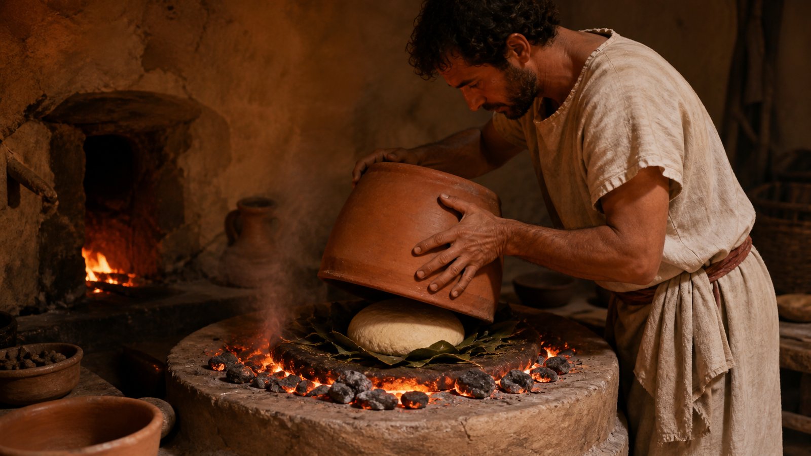 A wide 16:9 cinematic realistic oil-painting of hands pounding fresh cheese smooth in a stone mortar on a Roman kitchen table, with one egg, a small flour measure, leaves and a warm hearth ready nearby, tactile food craft and historically plausible pottery, no text, lettering, numerals, logos, signatures or watermark.