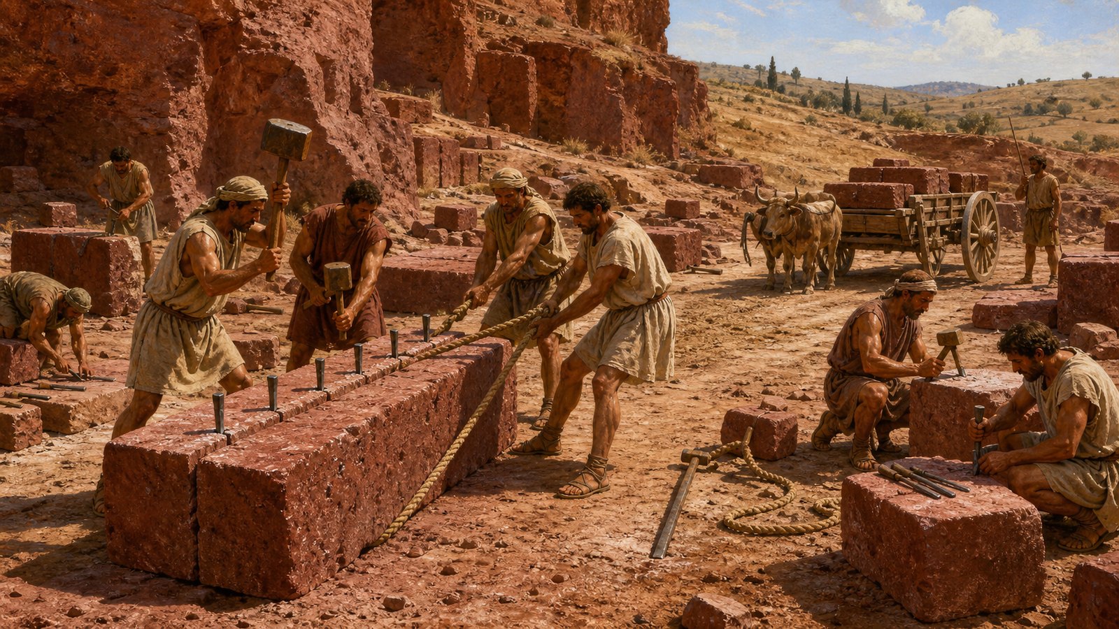 A vertical 4:5 cinematic realistic oil-painting of a Roman stone yard outside Rome: rows of freshly quarried red tuff blocks stand uncovered beneath changing summer sun and storm clouds while a foreman examines a crumbling corner, distant quarry face and simple timber lifting gear, historically plausible, no text, letters, numerals, inscriptions, logos, watermark or signature.