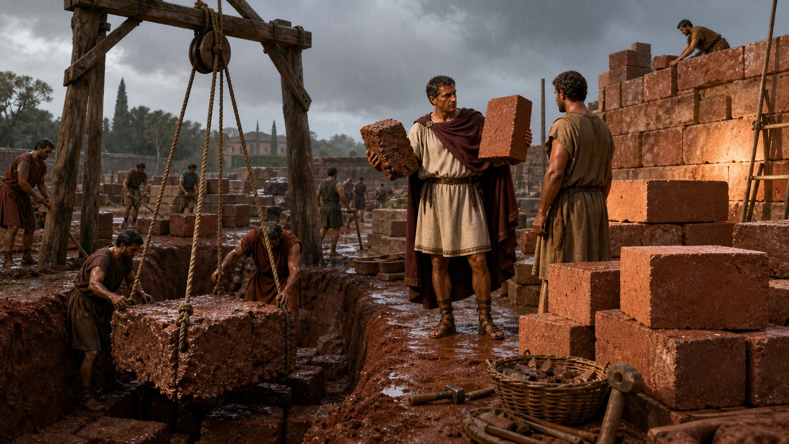 A wide 16:9 cinematic realistic oil-painting of Roman quarry workers extracting soft reddish building stone in dry summer weather, wedges and levers separating manageable squared blocks while ox carts wait on a dusty track, practical craft scene, historically plausible tools and clothing, no text, letters, numerals, inscriptions, logos, watermark or signature.