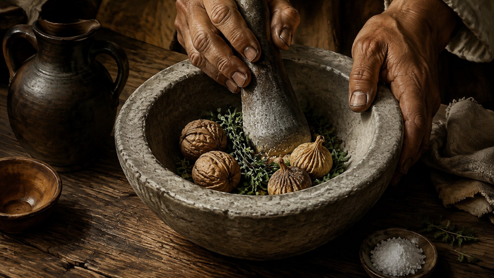 A vertical 4:5 cinematic realistic oil-painting of an ancient Roman military secretary opening a captured wooden cabinet and finding a small papyrus recipe beside two dried walnuts, two figs, rue sprigs and a pinch of salt, Pompeian red cloak edge visible but no identifiable face, no readable text, lettering, numerals, logos, signatures or watermark.