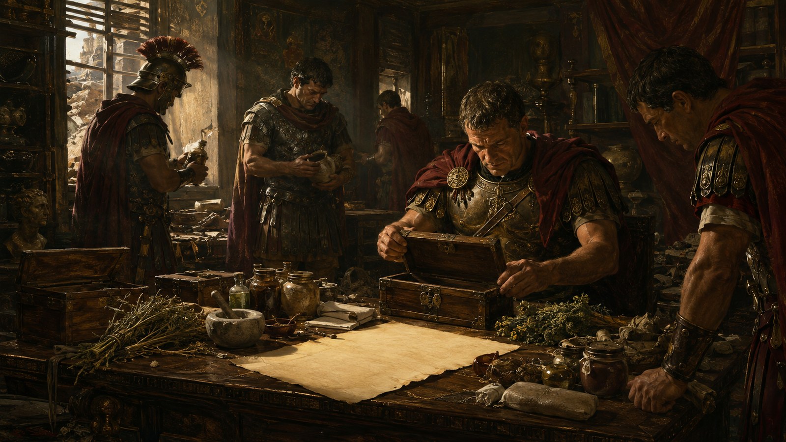A wide 16:9 cinematic realistic oil-painting of hands pounding two dried walnuts, two figs and fresh rue leaves in a stone mortar with a tiny pinch of salt nearby, ancient Mediterranean worktable, tactile botanical detail, dramatic side light, no text, lettering, numerals, logos, signatures or watermark.