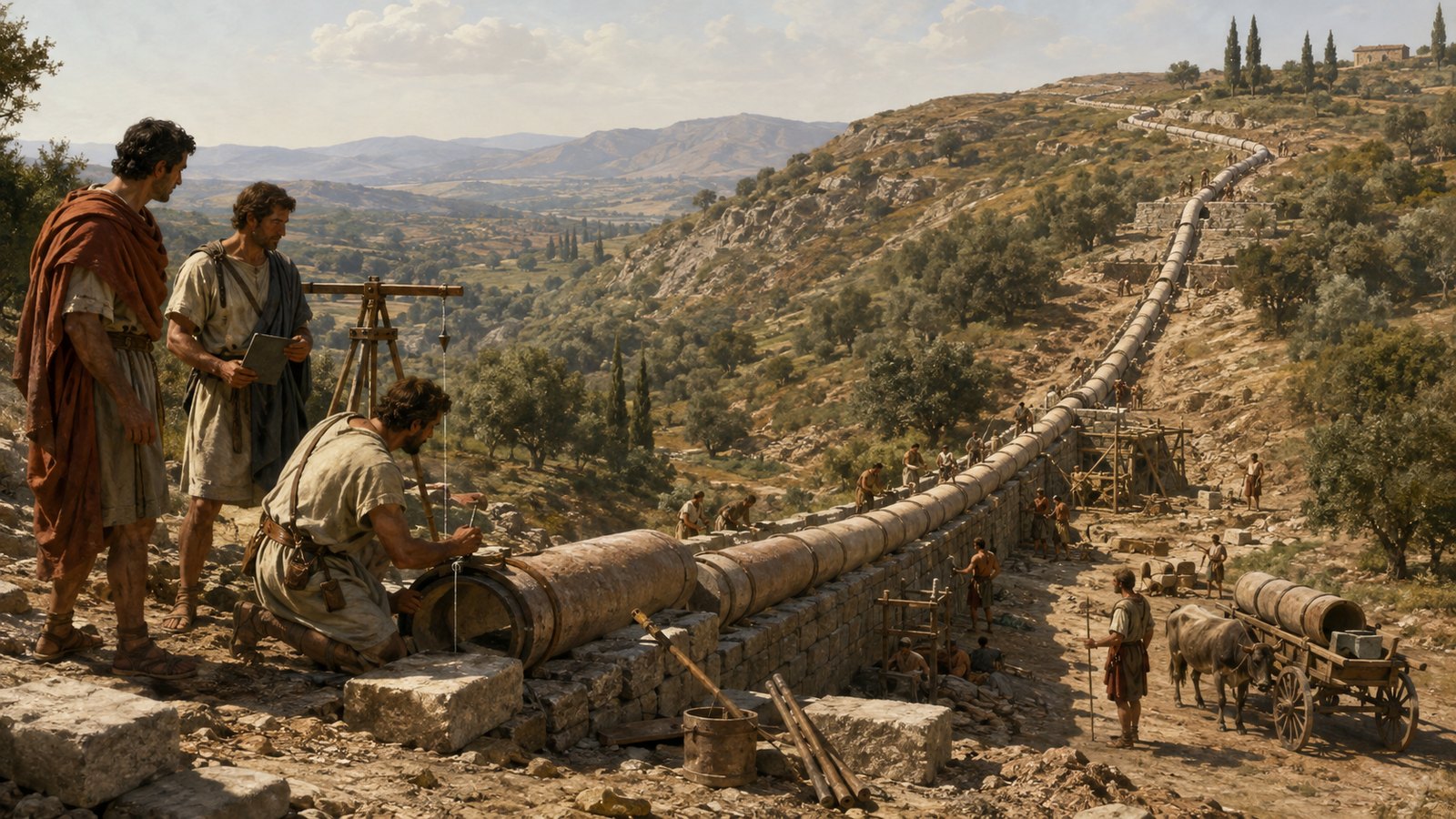 A vertical 4:5 cinematic realistic oil-painting of Roman engineers surveying a deep valley where a covered pressure pipeline descends one slope and rises on the other, foreground cutaway showing plain lead and ceramic pipes, dramatic dawn, no readable text, letters, numerals, logos, signatures or watermark.